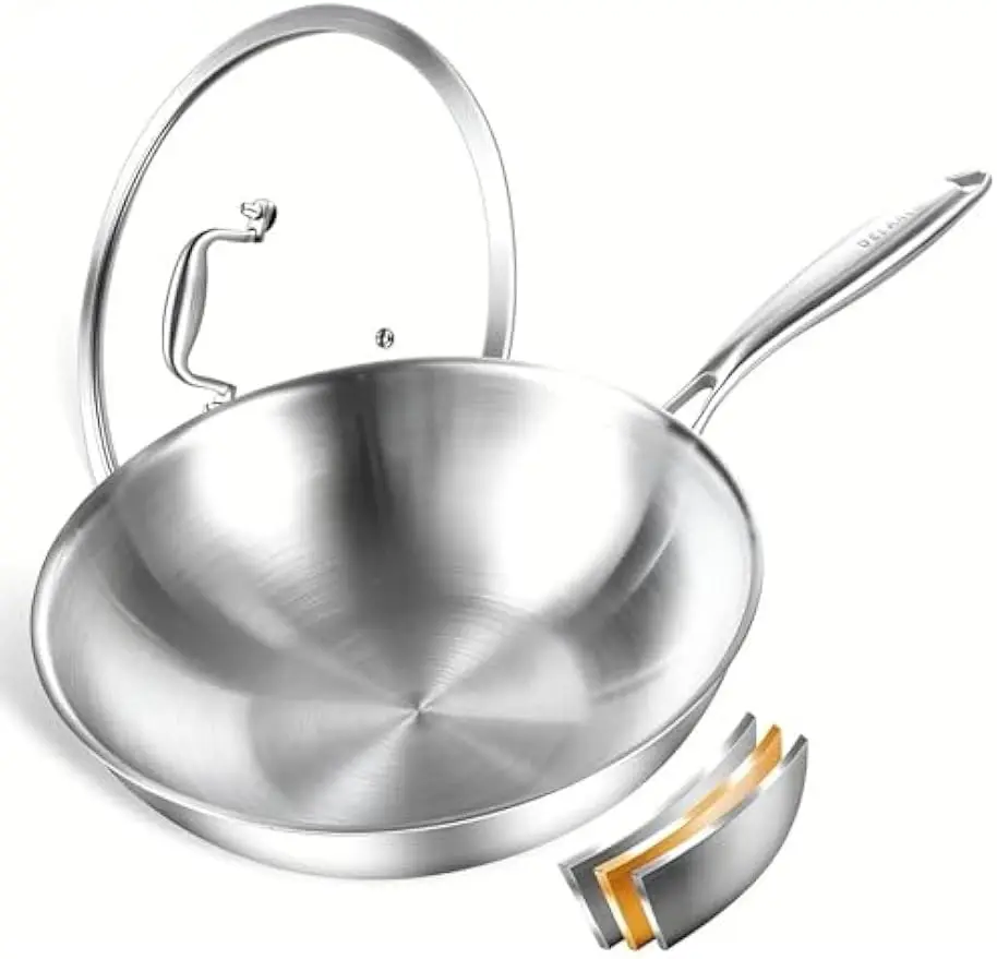 

12-Inch Stainless Steel Wok Pan with Lid, Tri-Ply Construction for Even Heating, Oven & Dishwasher Safe