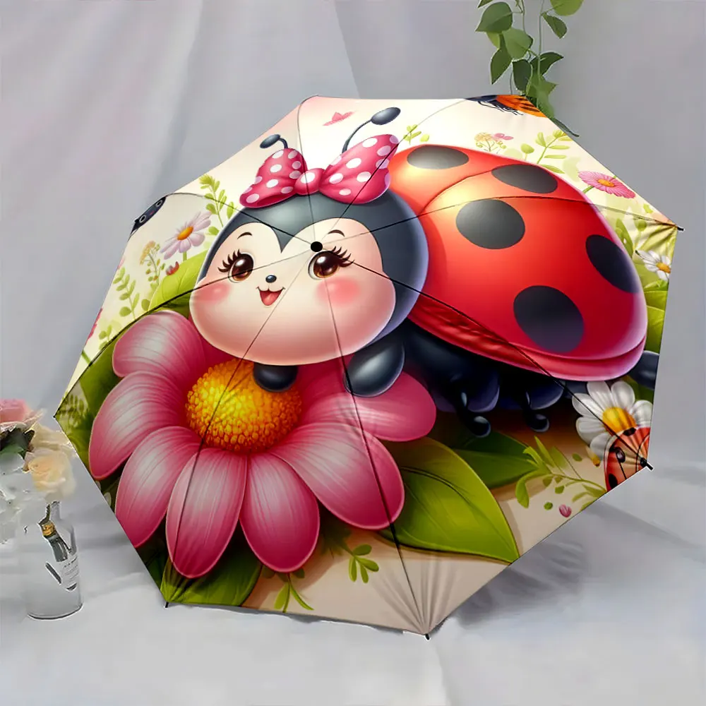 1PC Colorful Ladybug Umbrella Featuring Floral Design Print 8 Iron Ribs Folding Umbrella Auto-Open Fashion Sunshade