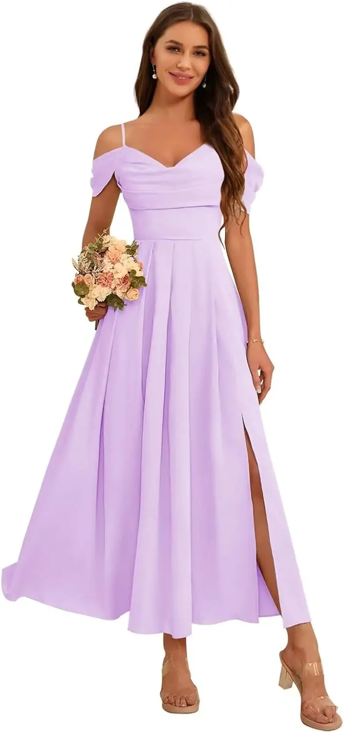 Women's Cold Shoulder Long Chiffon Bridesmaid Dress Ruched A-Line Formal Gown with Side Slit Graduation Ball Gown