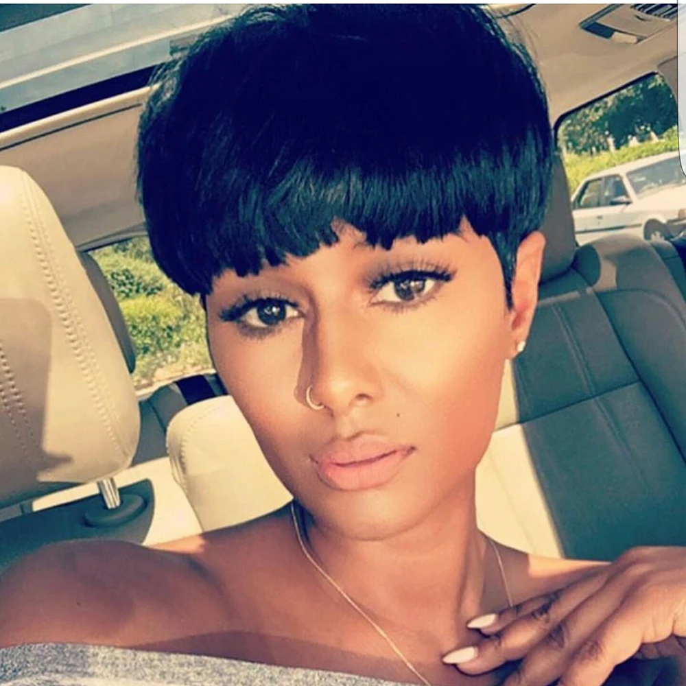 Короткий парик с стрижкой пикси Бразильские парики из натуральных волос для чернокожих женщин Короткая натуральная черная стрижка пикси Полный машинный парик Натуральный