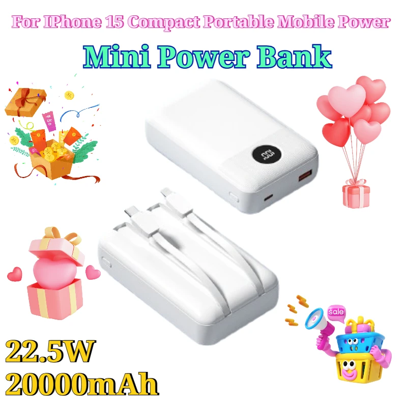 

20000mAh Mini Power Bank with Built-in Cable for Huawei for IPhone 15 Compact Portable Mobile Power