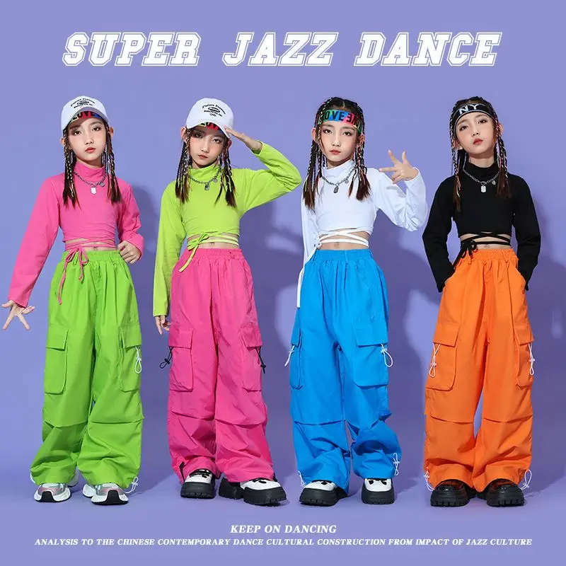 

Kid Hip Hop Clothing Green Lace Up Long Sleeve T Shirt Crop Top Green Casual Cargo Pants for Girls Jazz Dance Costumes Clothes