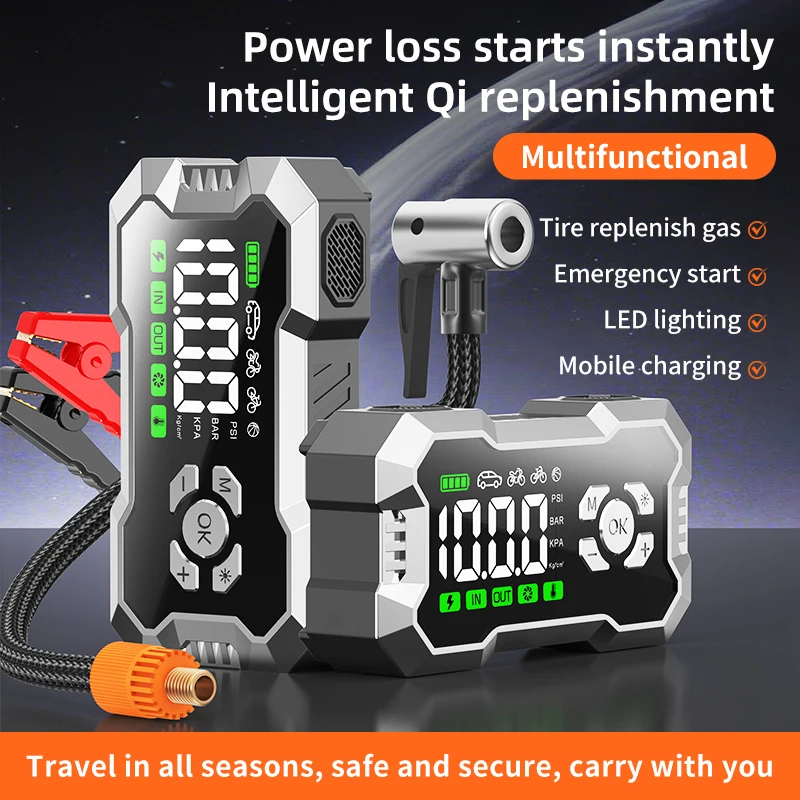 4-in-1 Car Emergency Jump Starter 3100A Peak Power, Vehicle Air Pump with Digital Tire Pressure, SOS Emergency Light, Compatible