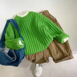 2024 Autumn Girls Boys Casual Bright Green Knittong Sweaters Kids Outerwear
