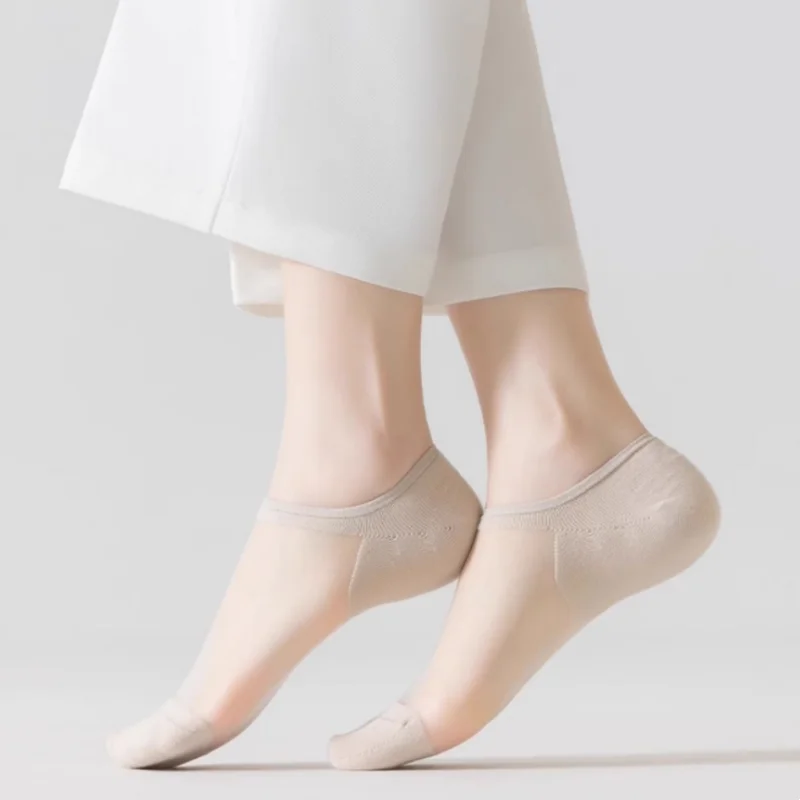 Meias femininas transparentes sem exibição, verão, silicone, malha respirável, leve, invisível, antiderrapante, barco