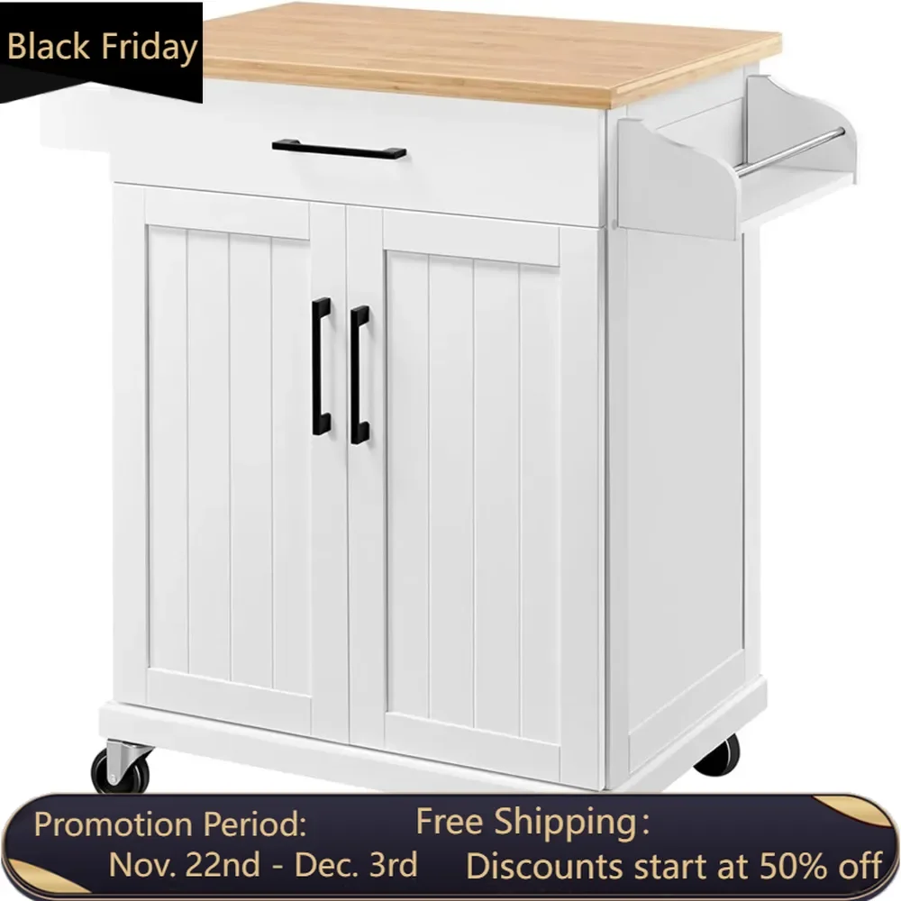 

Rolling kitchen island with drawers and adjustable shelves, storage cabinet with spice rack, dining room towel bar