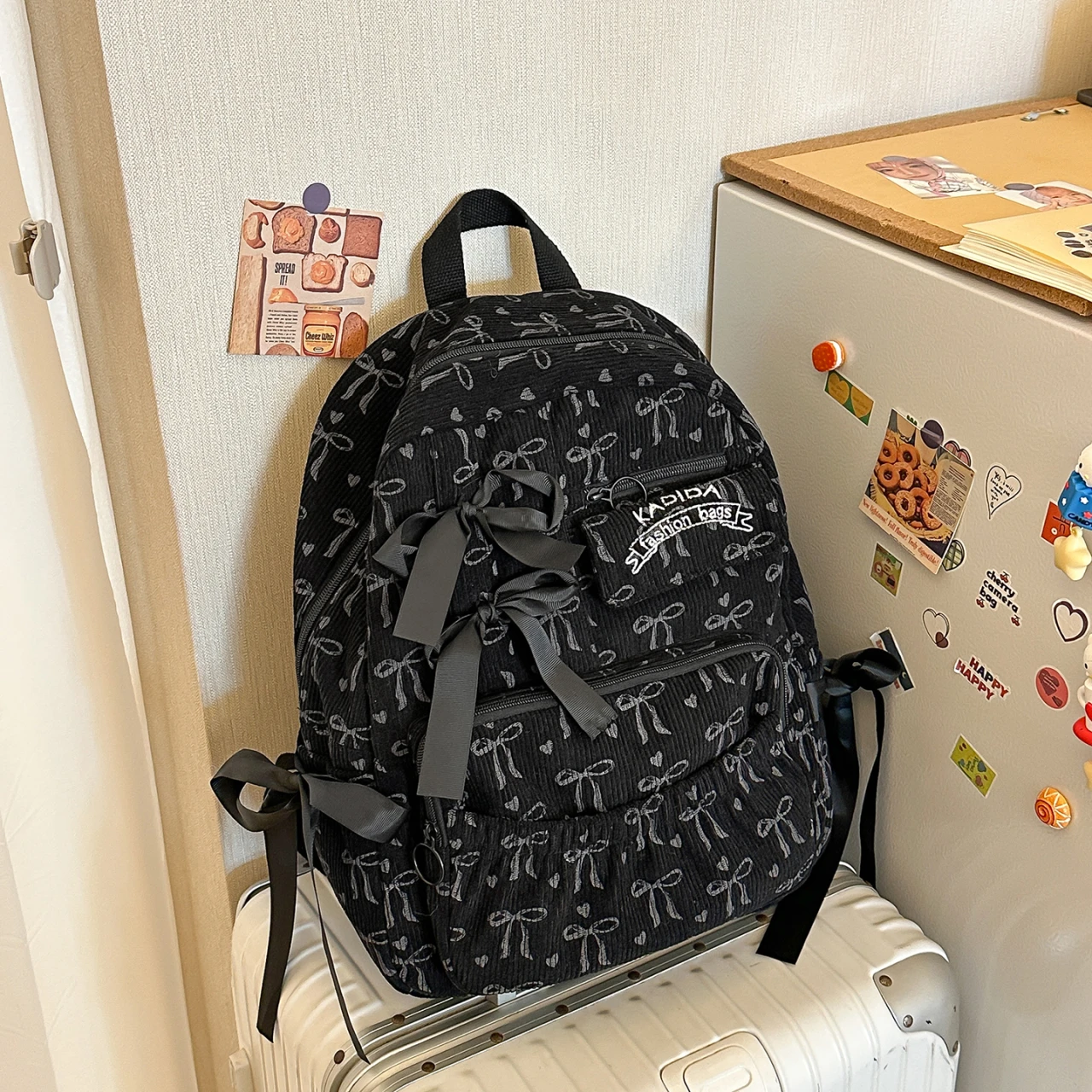 Kawaii Bow Print Backpack for Girls Sweet Lace Ruffle Decor Student School Backpack Cute Floral Pattern Daily Travel Rucksack