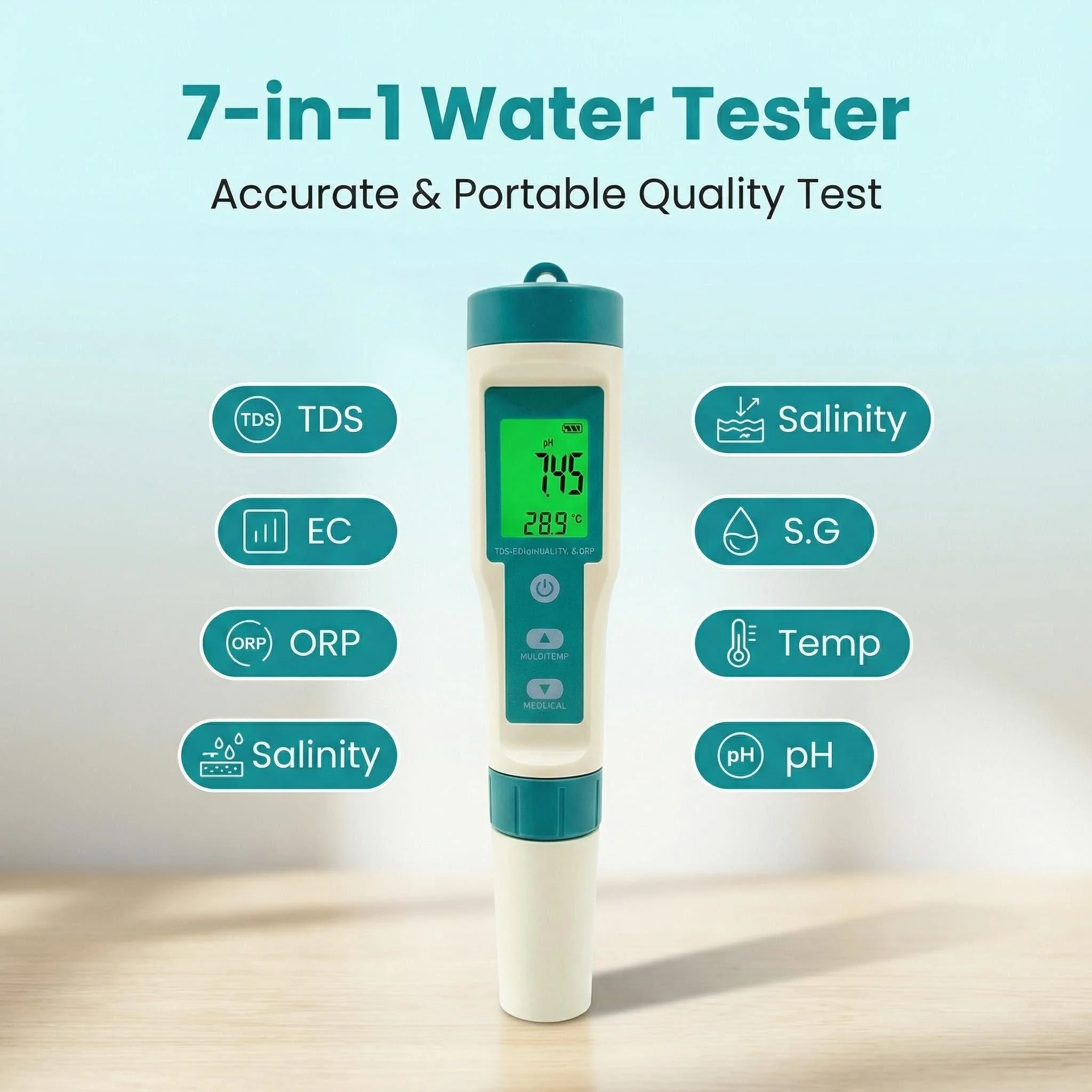 

7 in 1 TDS/EC/ORP/Salinity /S.G/Temperature pH Meter Digital Water Quality Tester Pen Tds meter for Drinking Water Aquariums wit