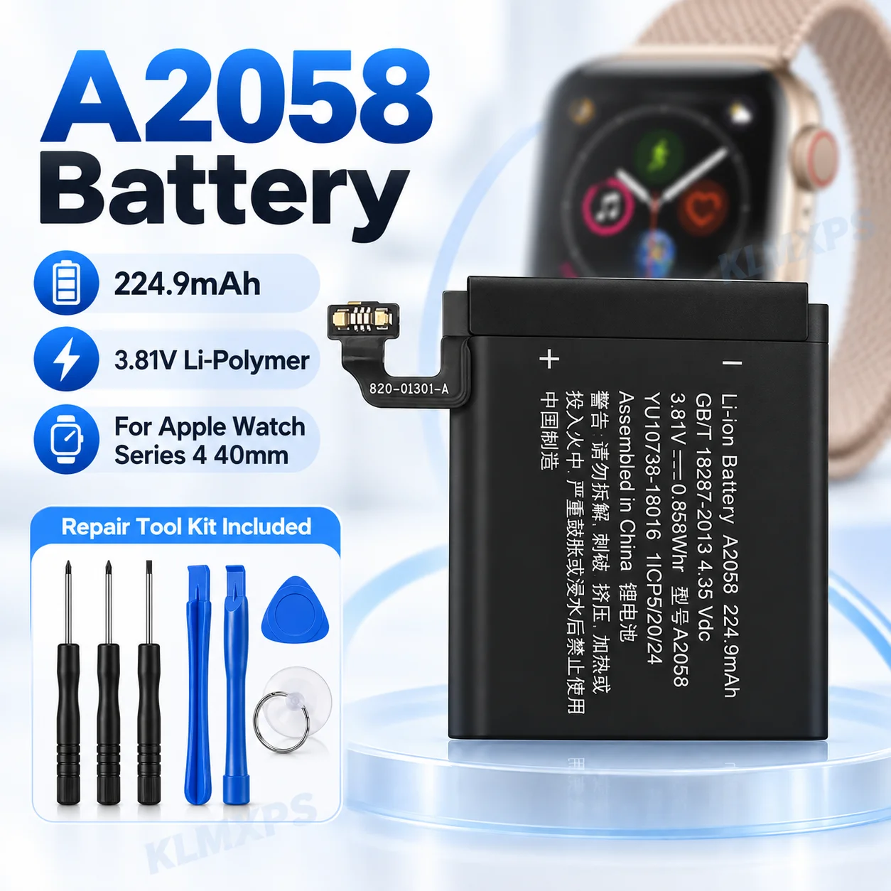 A2058 Battery 224.9mAh 3.81V Li-Polymer Replacement Battery for Apple Watch Series 4 40mm with Repair Tool Kit