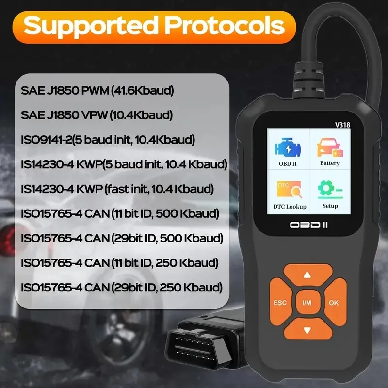V318 Auto Diagnostic Tool – Skaner OBD2 z testerem akumulatora, czytnikiem kodów usterek i obsługą wielu języków dla samochodów