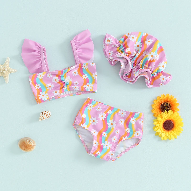 

Baby Girl Floral Swimsuit Toddler Striped Bikini Set Ruffle Tankini Top Swim Shorts Infant Bathing Suit with Sun Hat