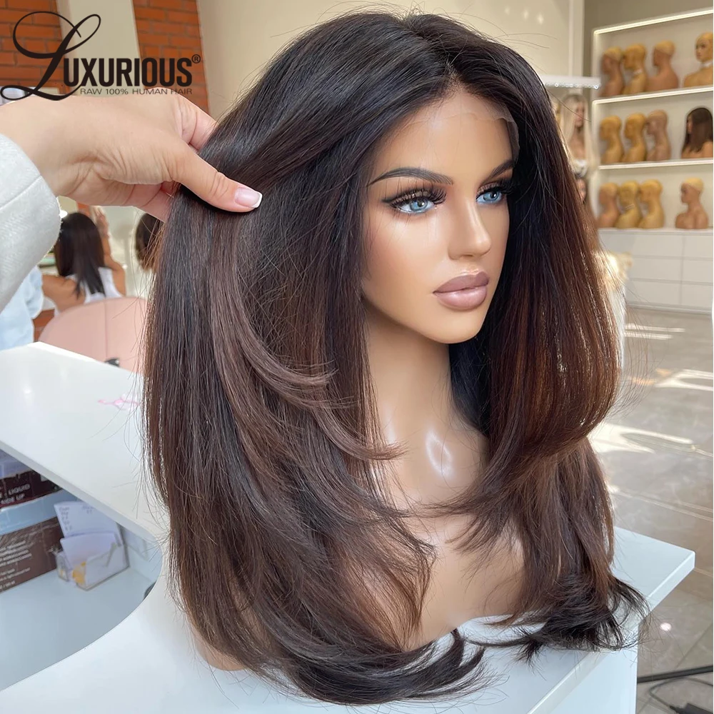 Ombre Brown Layered 13x4 Glueless Lace Front Human Hair Wig Raw Human Hair Wigs For Black Women Wear And Go 4x4Lace Closure Wig