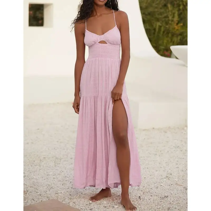 Combhasaki Abito lungo da donna con foro frontale smock sottile cinturino per spaghetti legato senza schienale ritaglio estivo senza maniche con spacco alto Cami A-Line abito lungo