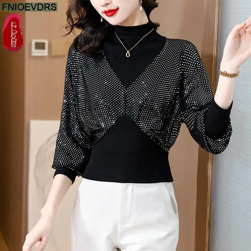 S-4XL New Year Red Black Tops Women Winter Basic Wear Turtleneck Collar Retro Vintage French Design Shirts Bling Tops Blouses