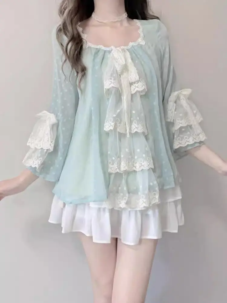 

French Elegant 2 Piece Sets Women Casual Y2k Blouse + Mini Skirts 2000s Japanese Outfits Japanese Kawaii Vintage Suits