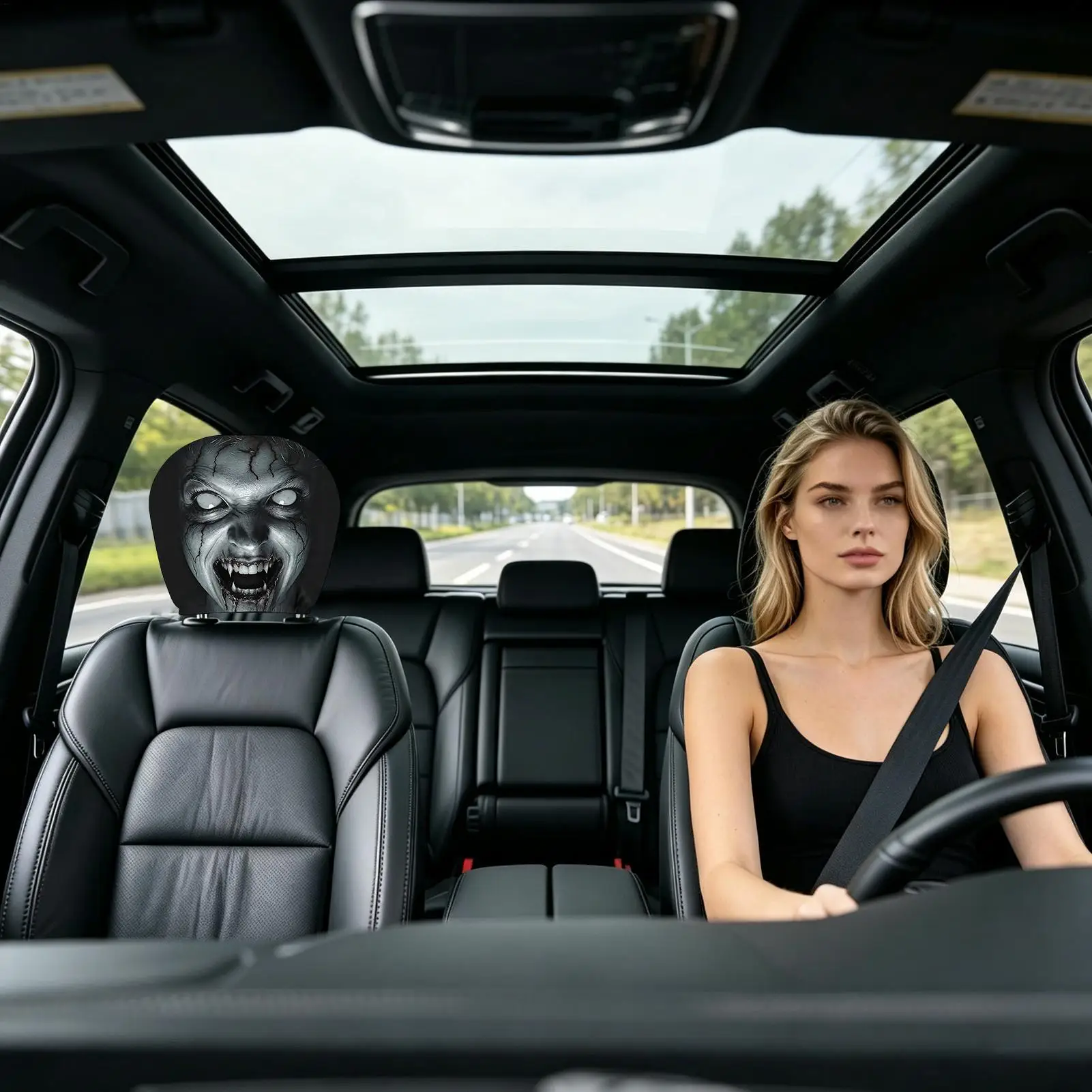 Headrest Covers For Car Ghost Face Funny Soft Breathable Interior Accessories 2-Piece Full Face Car Headrest Cover For