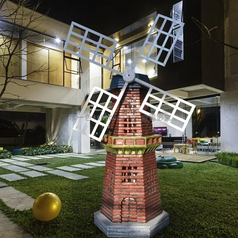 Large European-Style Solar Light-Controlled Lighthouse Rotating Windmill Big Decorations