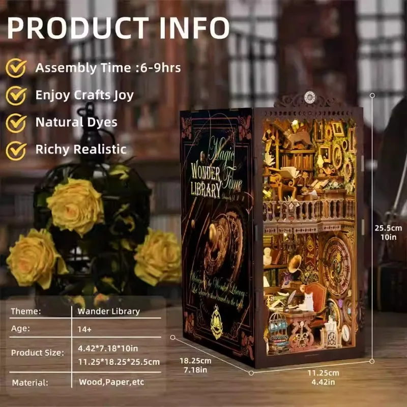 Magic Time Library DIY Book Nook - 3D puzzelbouwpakket met LED, miniatuur boekenplank insteekmodel, creatief cadeau Boekenliefhebber