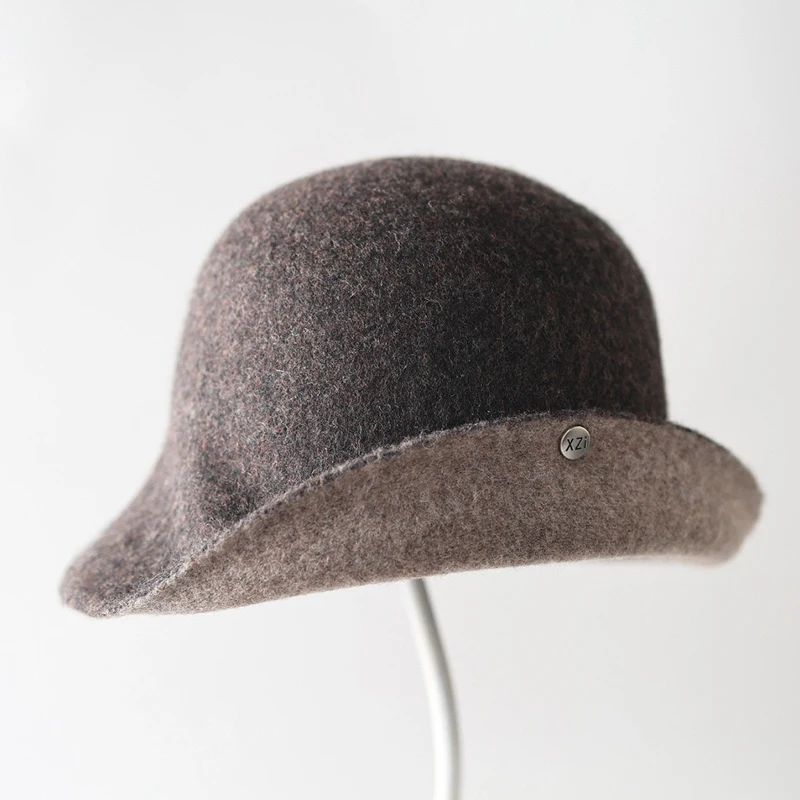 Up-Turned Brim Wool Felt Bucket Hat Women Winter Warm Two Tone Cloche Panama Cap Vintage Metal Badge Bonnet Шляпа Панама Зима