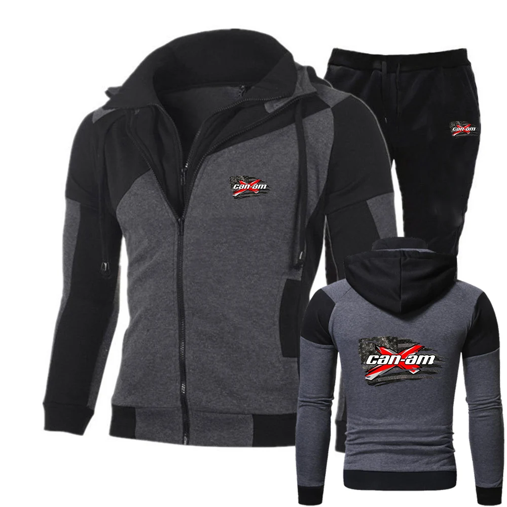 2025 Spring Autumn BRP Can Am Motorcycle Print Men's Diagonal Zipper Sports Sets Splicing Hoodies + Leisure Sweatpants Suit