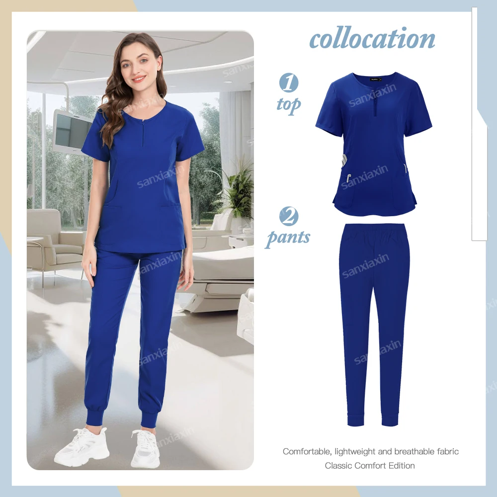 Manga curta Scrubs Set para Mulheres, Roupas Cirúrgicas, Uniformes de Enfermagem, V-neck Pocket Workwear, Tops Médicos e Calças