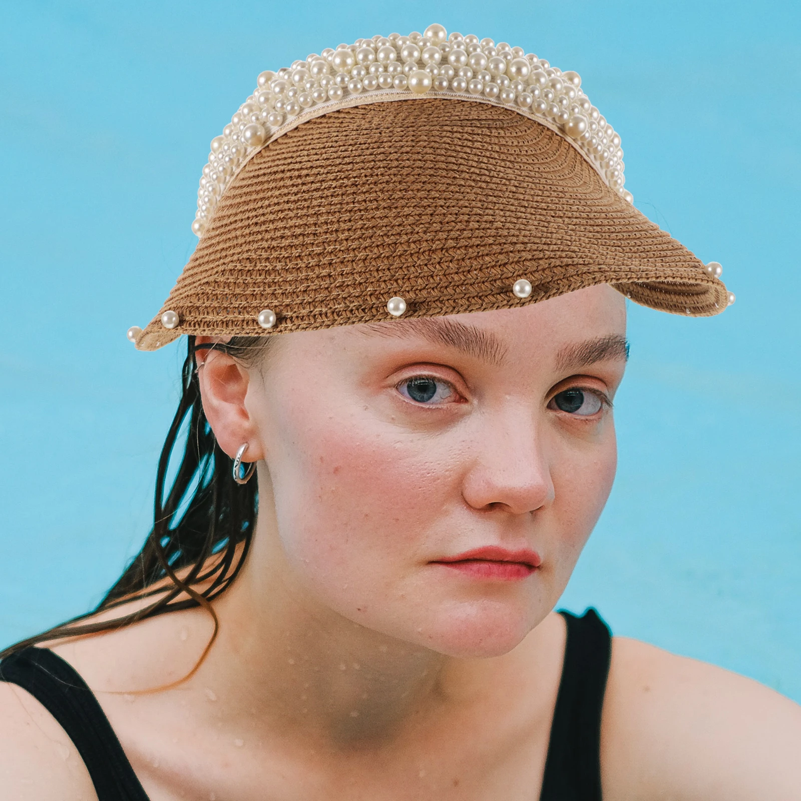 

Ladies Sun Beach Straw Visor Hat Accessories Pearl Visor Cap Straw Sunhat UV Protection Breathable Outdoor Hat
