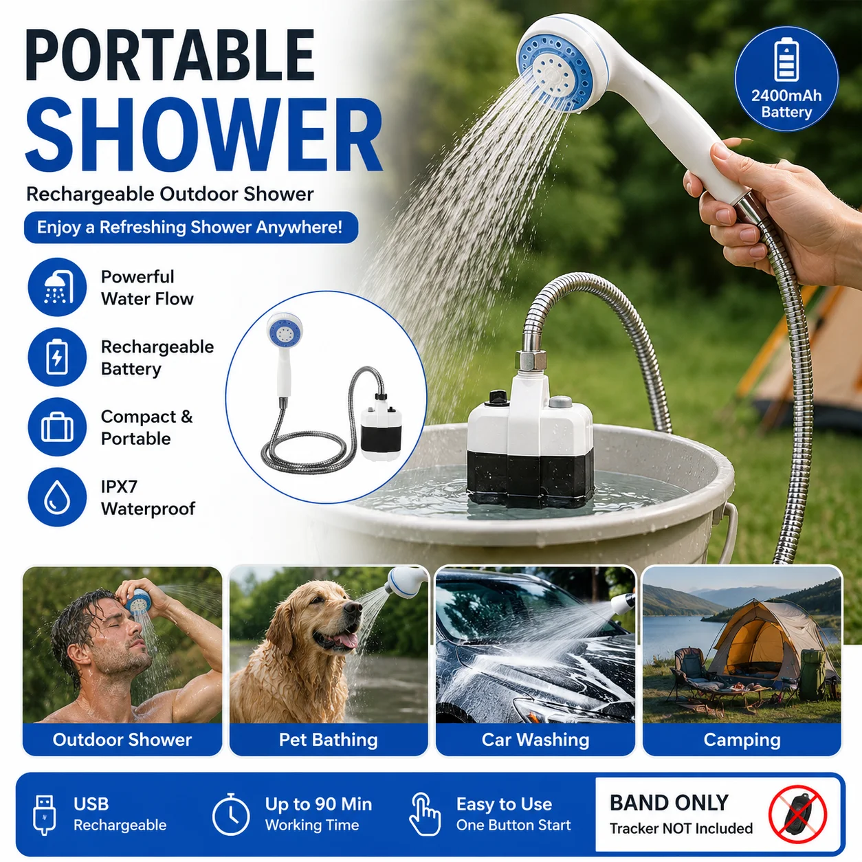 Portable Electric Camping Shower Pump Rechargeable Outdoor Shower Head with Water Tank Hose Handheld Spray for Camping Hiking