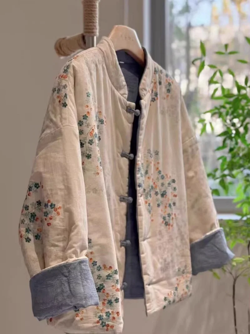New Chinese Style Retro Double-Sided Ramie Cotton Jacket With Stand Collar Improved Tang Clothing Winter Quilted Coat w667