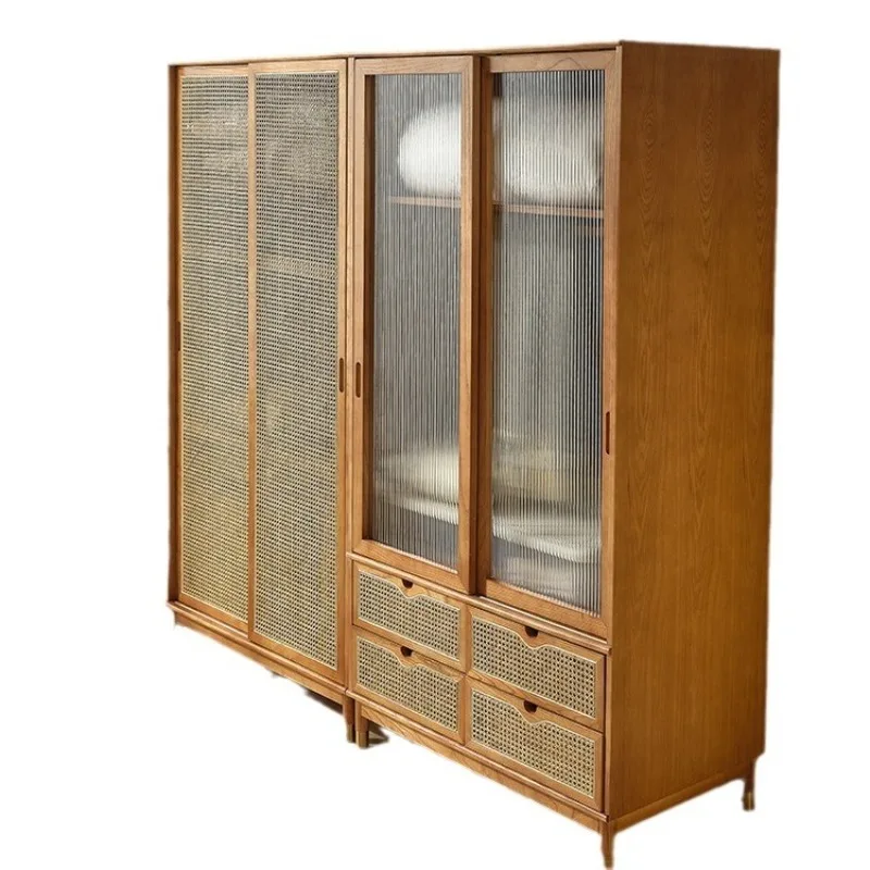 Wardrobe small apartment with drawers rattan wabi sandy wind solid wood glass cabinet door