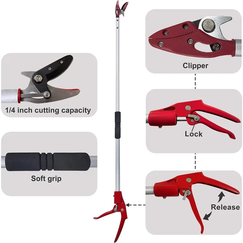 Tree Trimmer, 4 Foot Pole Pruner, Long Reach Pruning Shears, Cut and Hold Garden Clippers, Aluminum Lightweight Handle Fruit