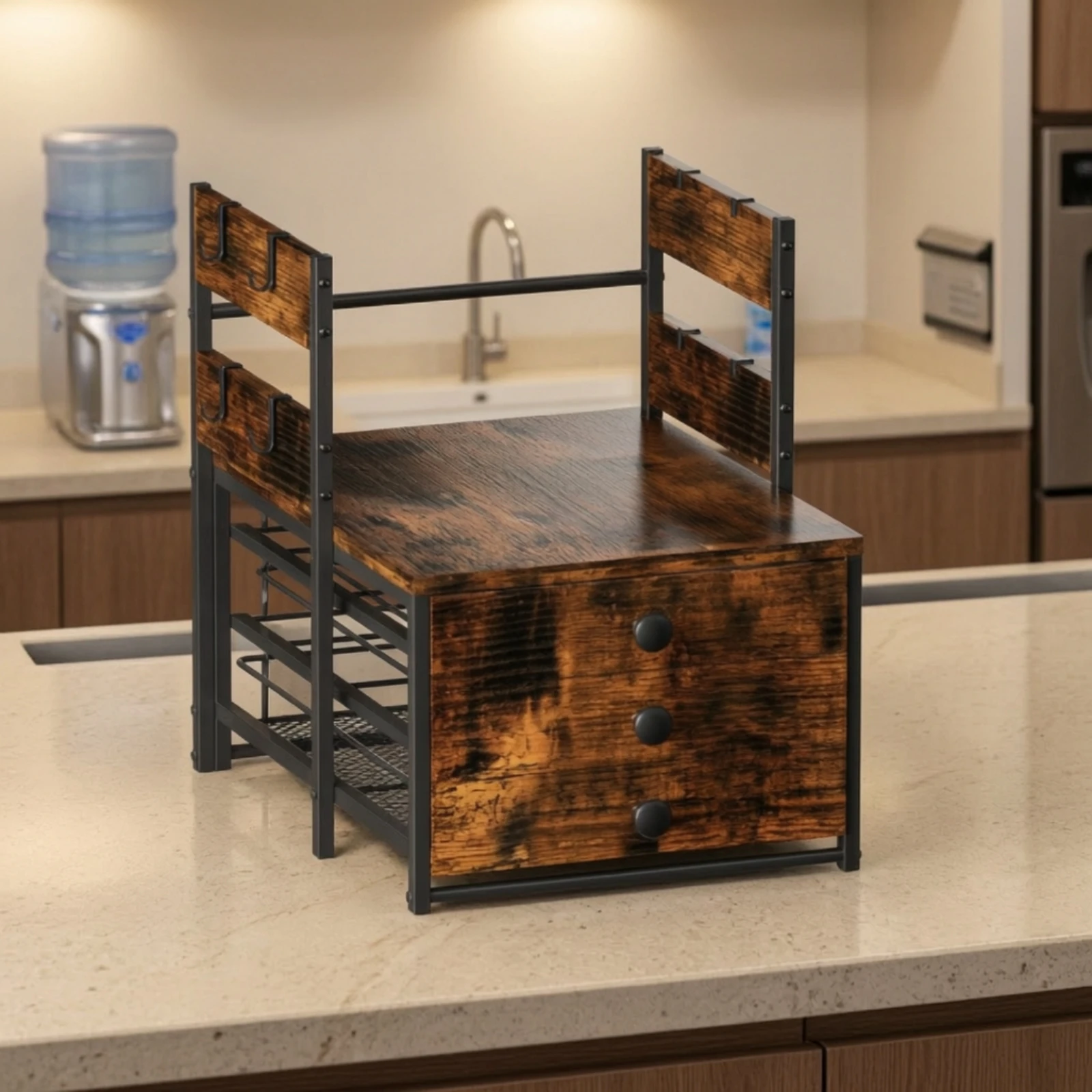 Coffee Bar Shelf with Drawers Rustic Coffee Station Organizer with Drawer Mug Holder Sturdy Furniture Multifunctional