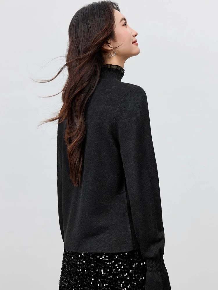 SENTUBILA Dameswolmix Kanten Trui 2025 Herfst Elegante Commuter Coltrui Flare Mouw Zachte Stretch Gebreide Top W53HI3520