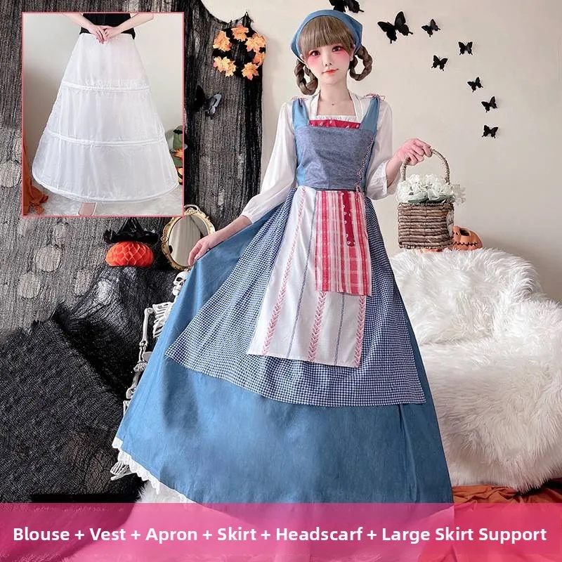 Kostium pokojówki na Halloween, przebranie Alicji z Krainy Czarów, strój sceniczny, długi strój dworski, strój na festiwal piwa, występ, strój wiejski, tradycyjny strój damski C...