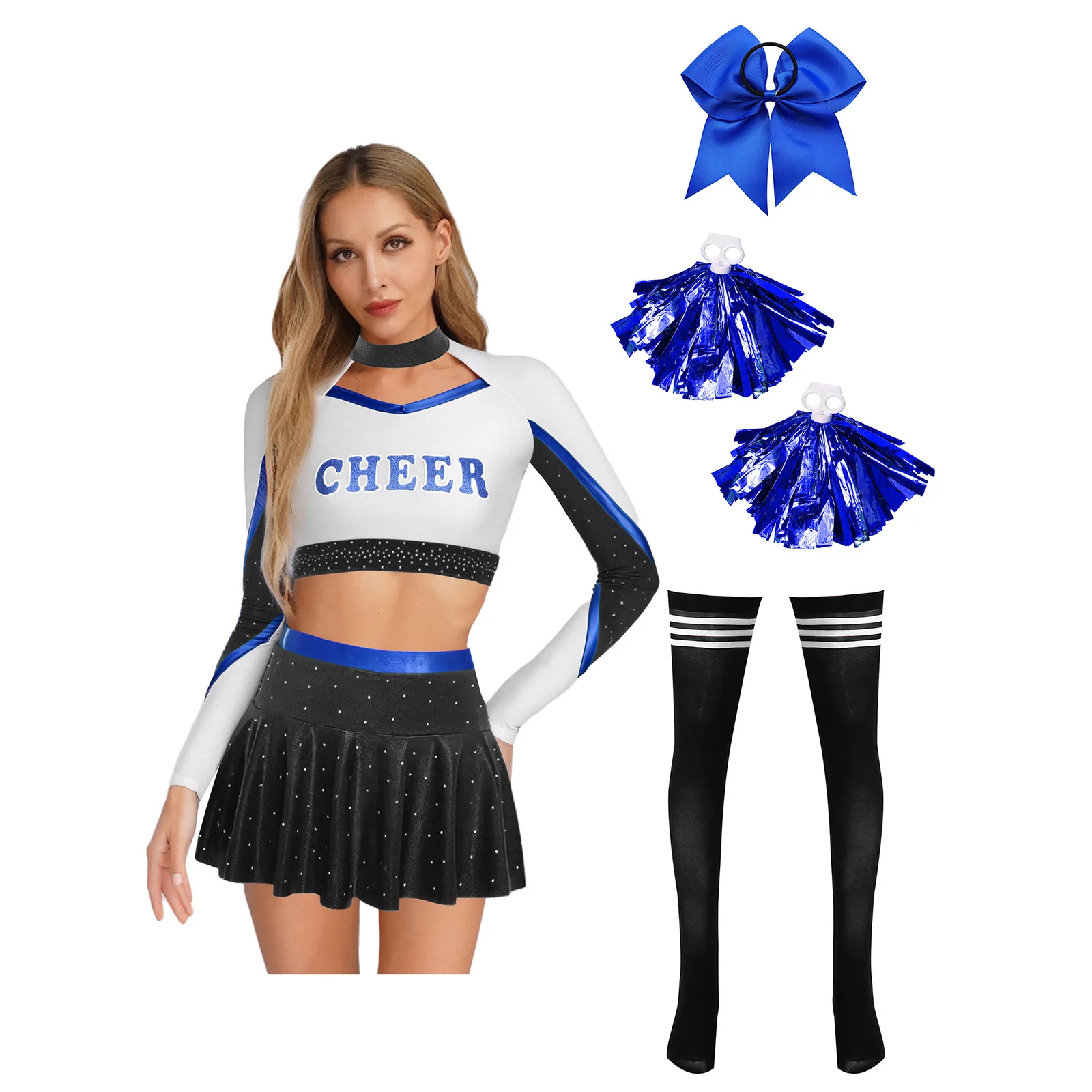 

Womens 5-piece Cheerleading Performance Costumes Letter Crop Top And Miniskirt with Bowknot Hairband Flower Balls And Stockings