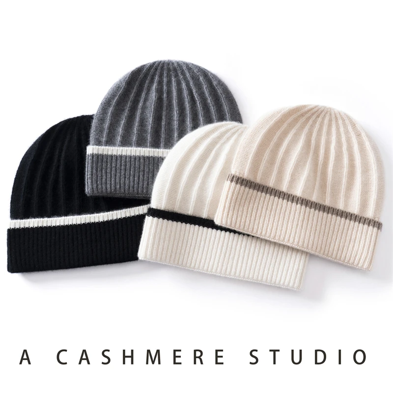 High Quality 100% Cashmere Knitted Hat Men Women Color Blocked Hat Autumn Winter Warm Ear Protection Hat Fashion Flip Up Cold Ha