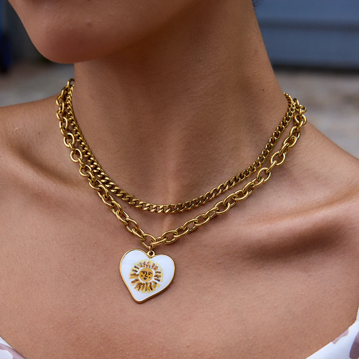 

AIKOER Fashion Trend 18K Gold Color Plated Stainless Steel Drip Oil Printed Sunflower Cross Chain Necklace Women's Accessories P