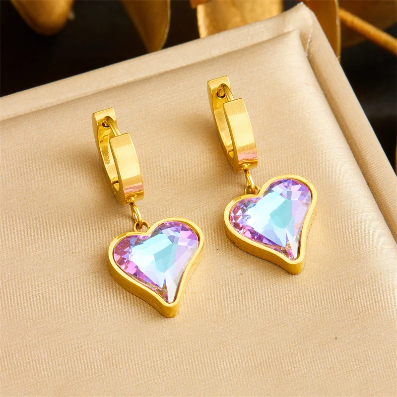 LAMENGLY 316L Stainless Steel Colored Rhinestone Heart Pendant Necklace Earrings Women Trendy Girls Exquisite Jewelry Set Gifts