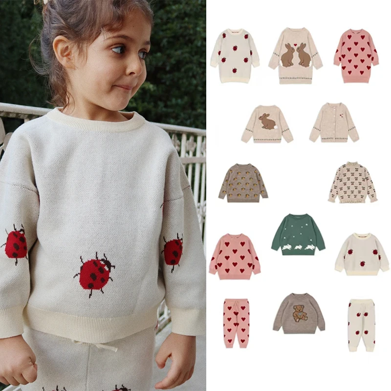 Kids Sweater 24 Autumn Winter New KS Girls Knit Sweater Pants Two Piece Set Baby Girl Knitted Skirt Kids Sweater【In Stock】