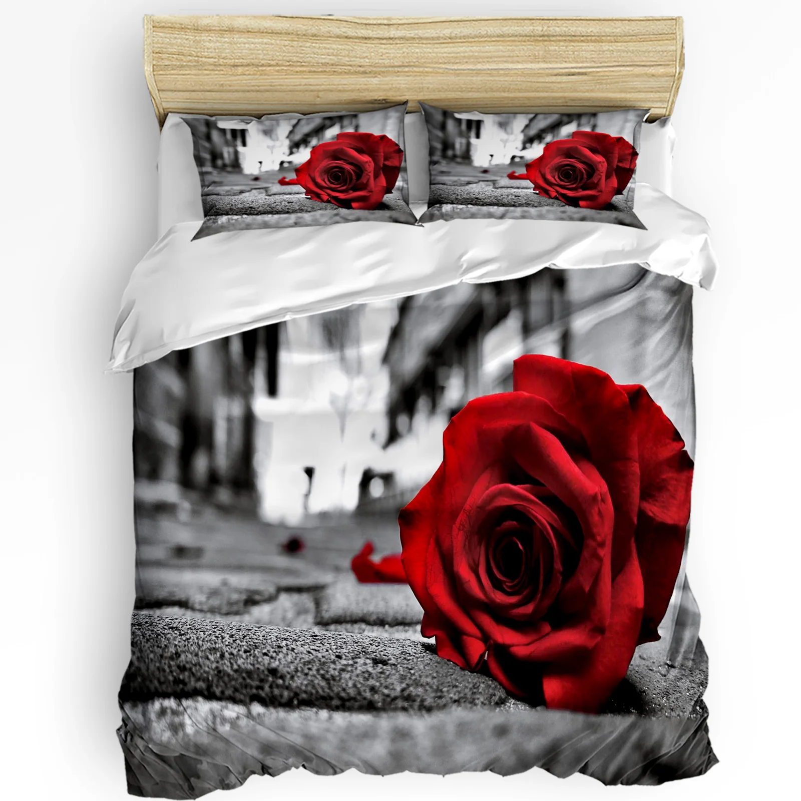 Rose Red Flowers Retro Street Duvet Cover with Pillow Case Custom 3pcs Bedding Set Quilt Cover Double Bed Home Textile