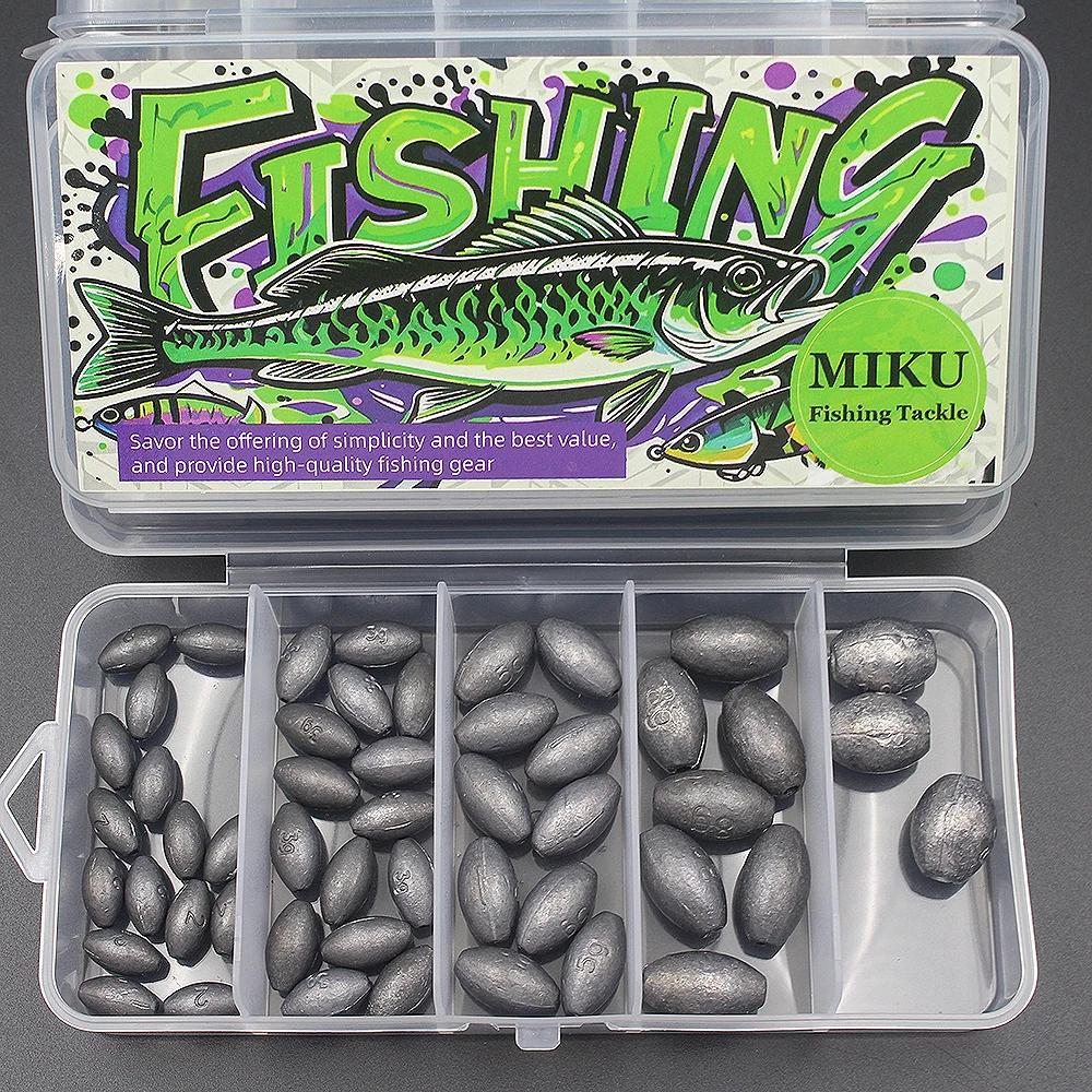 50 Stück pro Box Angelgerät, eiförmiger Bleihänger, olivförmiger Bleihänger, Bleihänger zum Meeresangeln