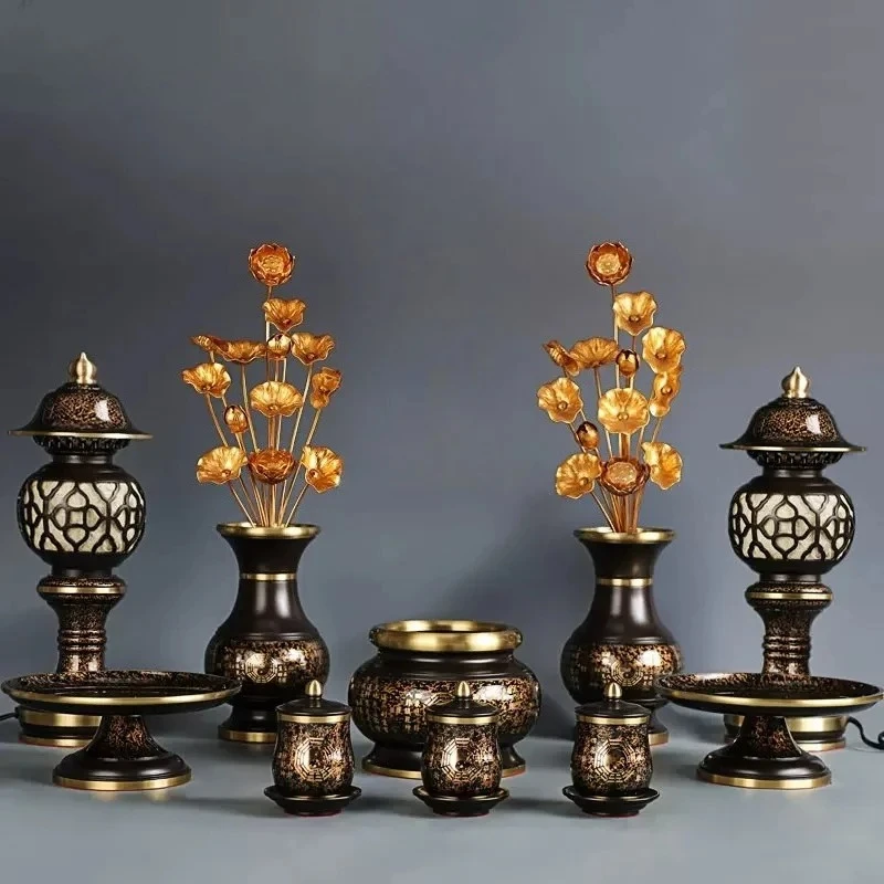 Buddhist Altar Offering Set Black Gold Incense Burner Vase Lamp Cup Ornaments Worship Supplies for Buddha Hall Home Shrine