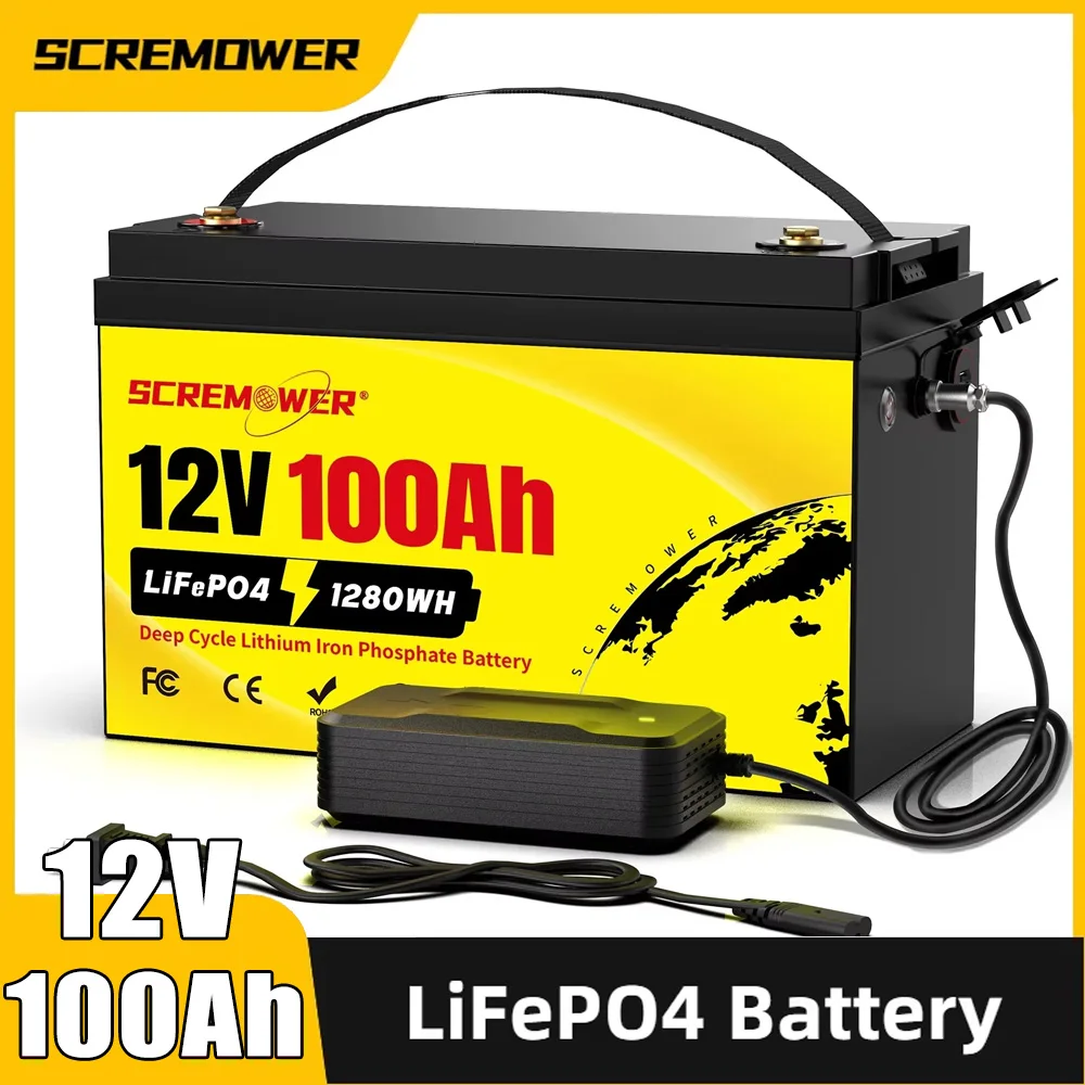 12V 100Ah LiFePO4 Battery Built-in 100A BMS 1280Wh 12.8V Lithium Rechargeable Battery 6000+ Cycles for RV Solar Energy Storage