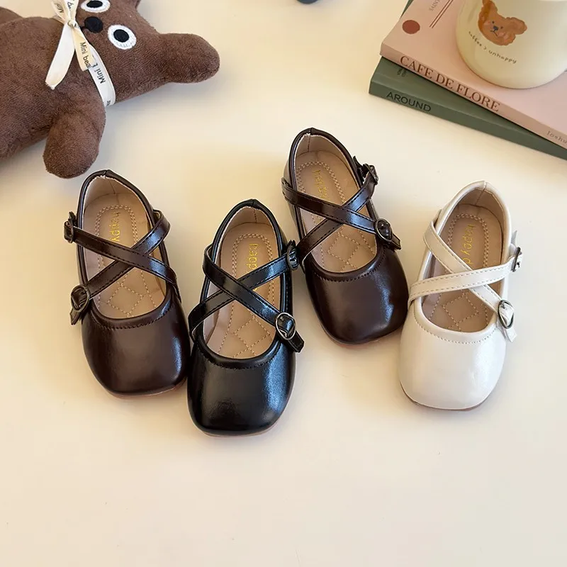 

2025 New Cross Retro Girls Leather Shoes for Children Dress Princess School Shoes Kids Solid Color Student Fashion Sandals