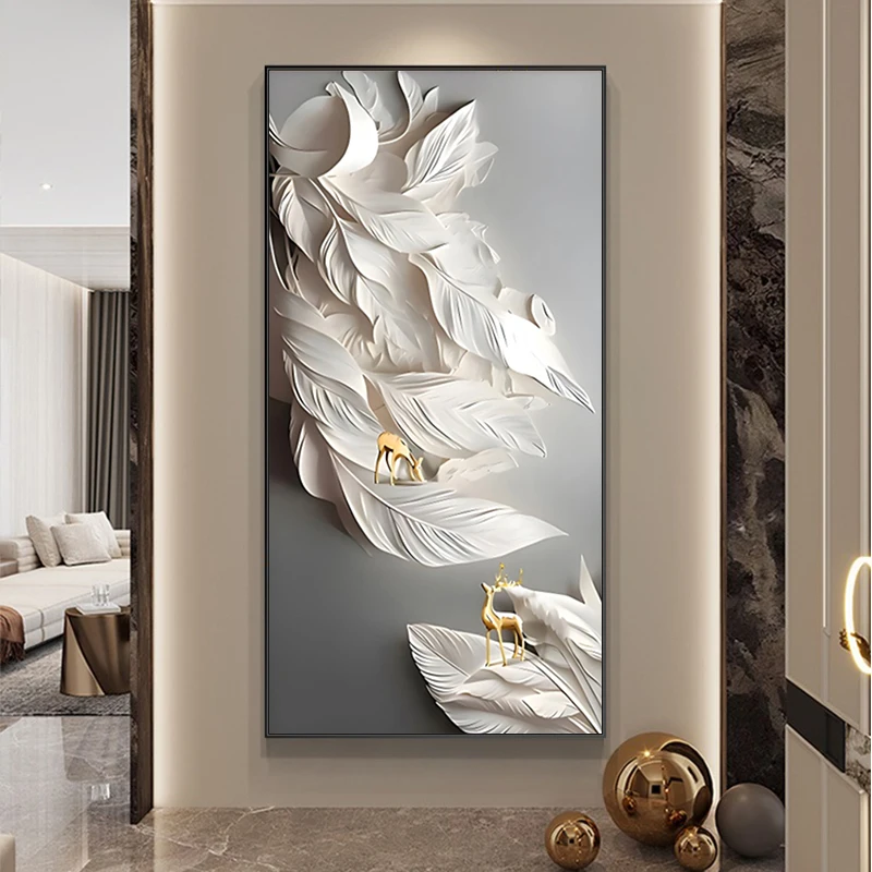 Feather Fortune Deer  Hanging Paintings Foyer Remote Dimming LED Mural Lights Porch Entrance Living Room Wall Decoration Fitting
