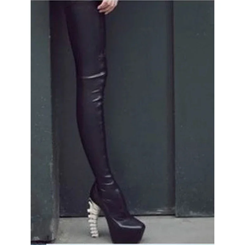 Balck Square Toe Bone Heel Over Knee Elastic Boots Woman Winter 2025 Slip-On Shaped High Heel Platform Skinny Women Boots