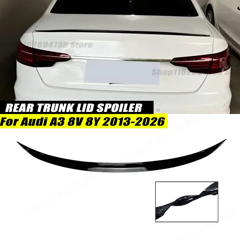 120CM Gloss Black Soft Rubber Rear Trunk Spoiler Lip Wing Splitter 5D Carbon Look Car Accessories For Audi A3 8V 8Y 2013-2026