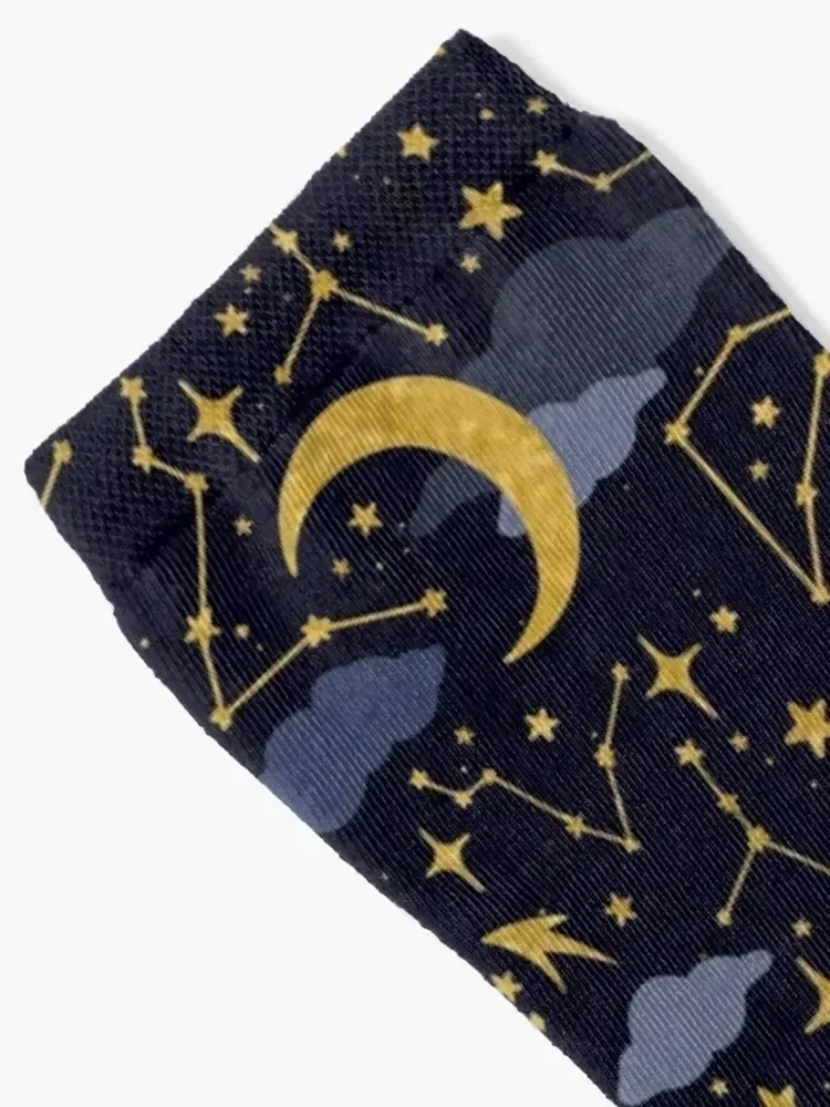 Celestial Stars and Moons in Gold and Dark Blue Socks cute winter thermal Women Socks Men's