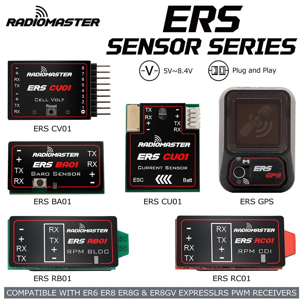 

Серия датчиков RadioMaster ERS 5-8.4V CV01 CU01 BA01 RB01 RC01 GPS, совместимые с приемниками ER6, ER8, ER8G и ER8GV ExpressLRS PWM