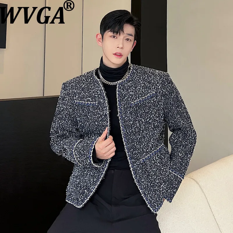 

WVGA Autumn Winter New Men Tide High Street Elegant Trendy O-Neck Long Sleeve Denim Jacket Niche Chic Casual Coat Ins Y2K W17007