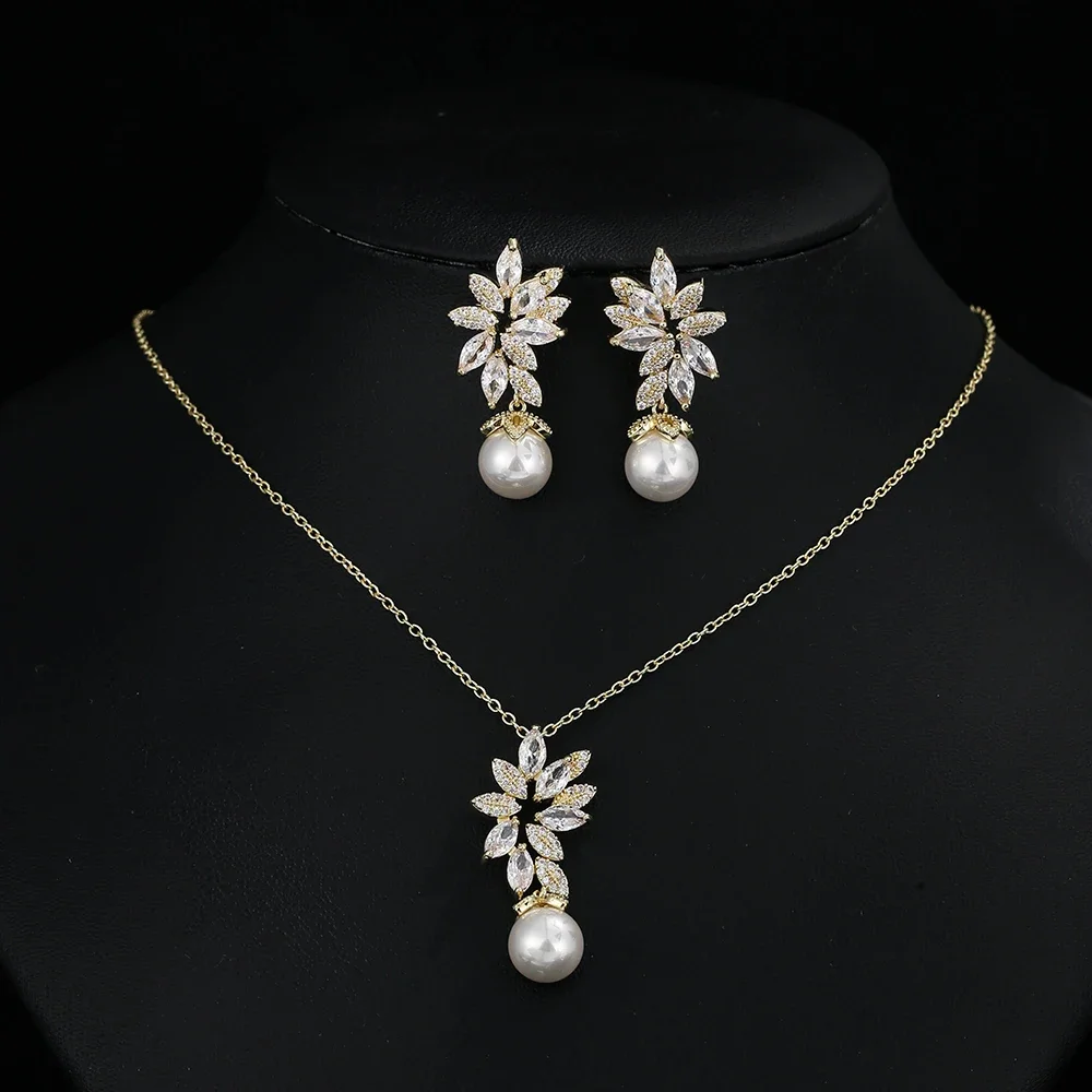 Luxury Silver Color AAA+ Cubic Zirconia Women Big Pearl Necklace Pendant and Earrings Jewelry Sets Gift